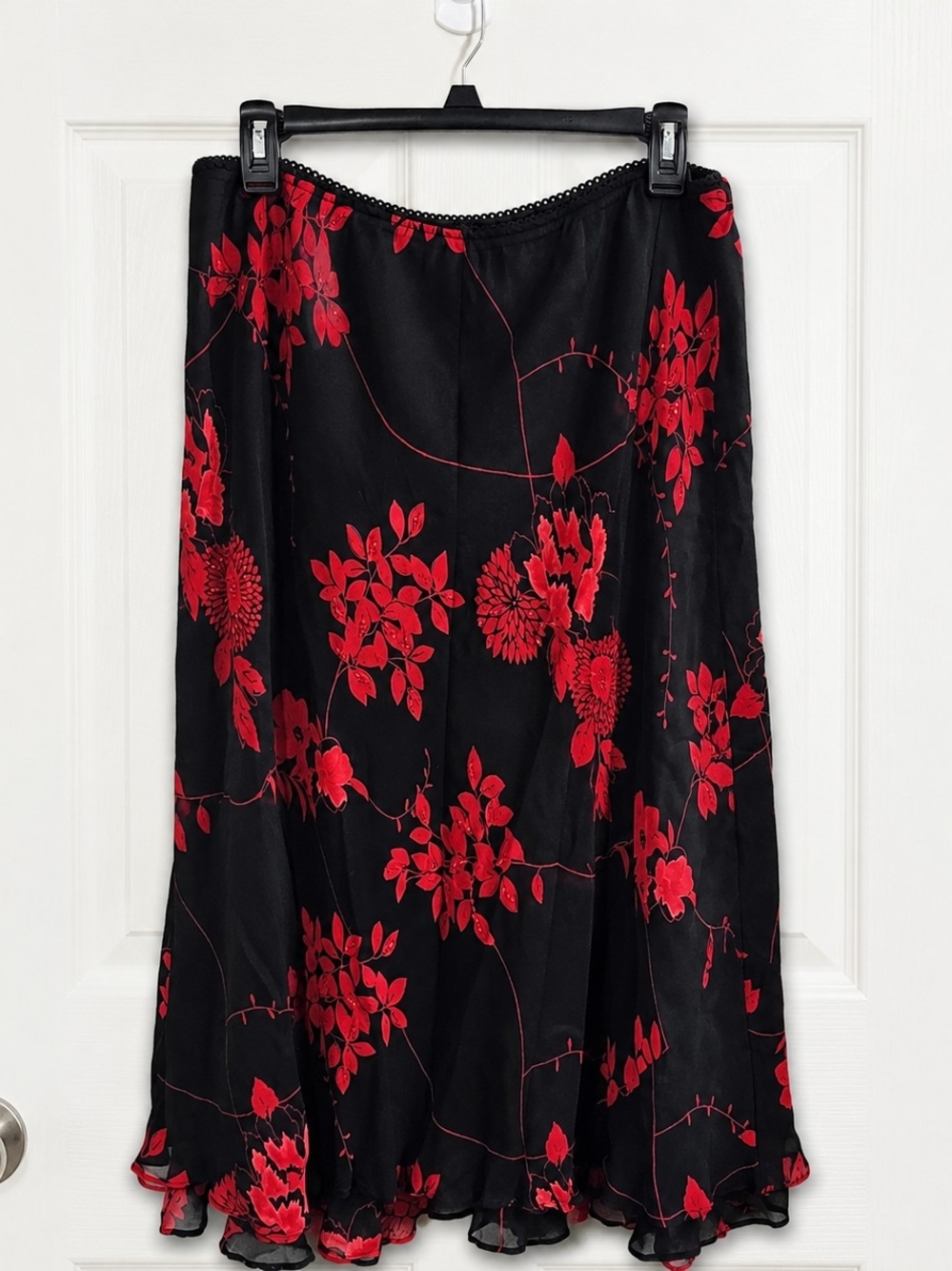 Vintage JM Collection Black Red Floral Beaded Maxi Skirt Sz 18 Romantic